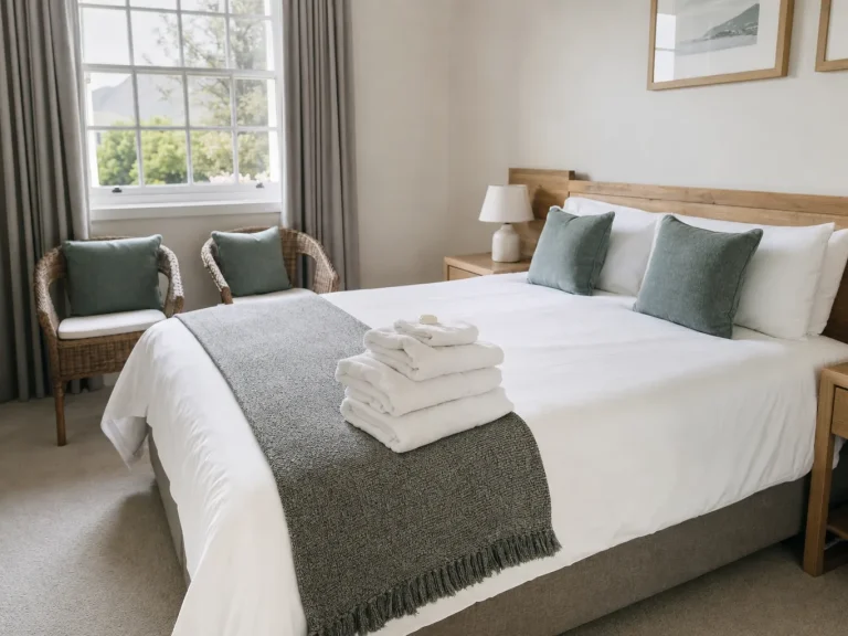 Guest bed staged after an Airbnb turnover cleaning checklist pass