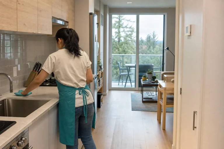 Cleaner working through a galley kitchen in a Gresham apartment