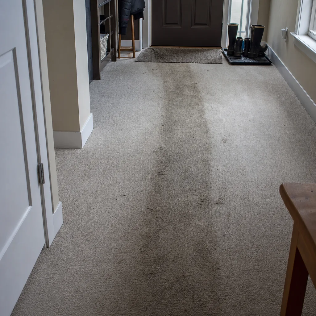 Grayed traffic lane and muddy paw prints on carpet near a home entryway after a wet winter