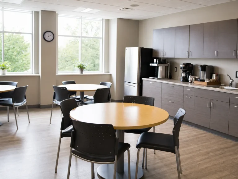 Clean office break room that supports employee health and morale