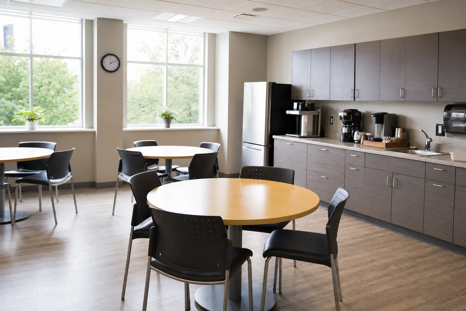 Clean office break room that supports employee health and morale