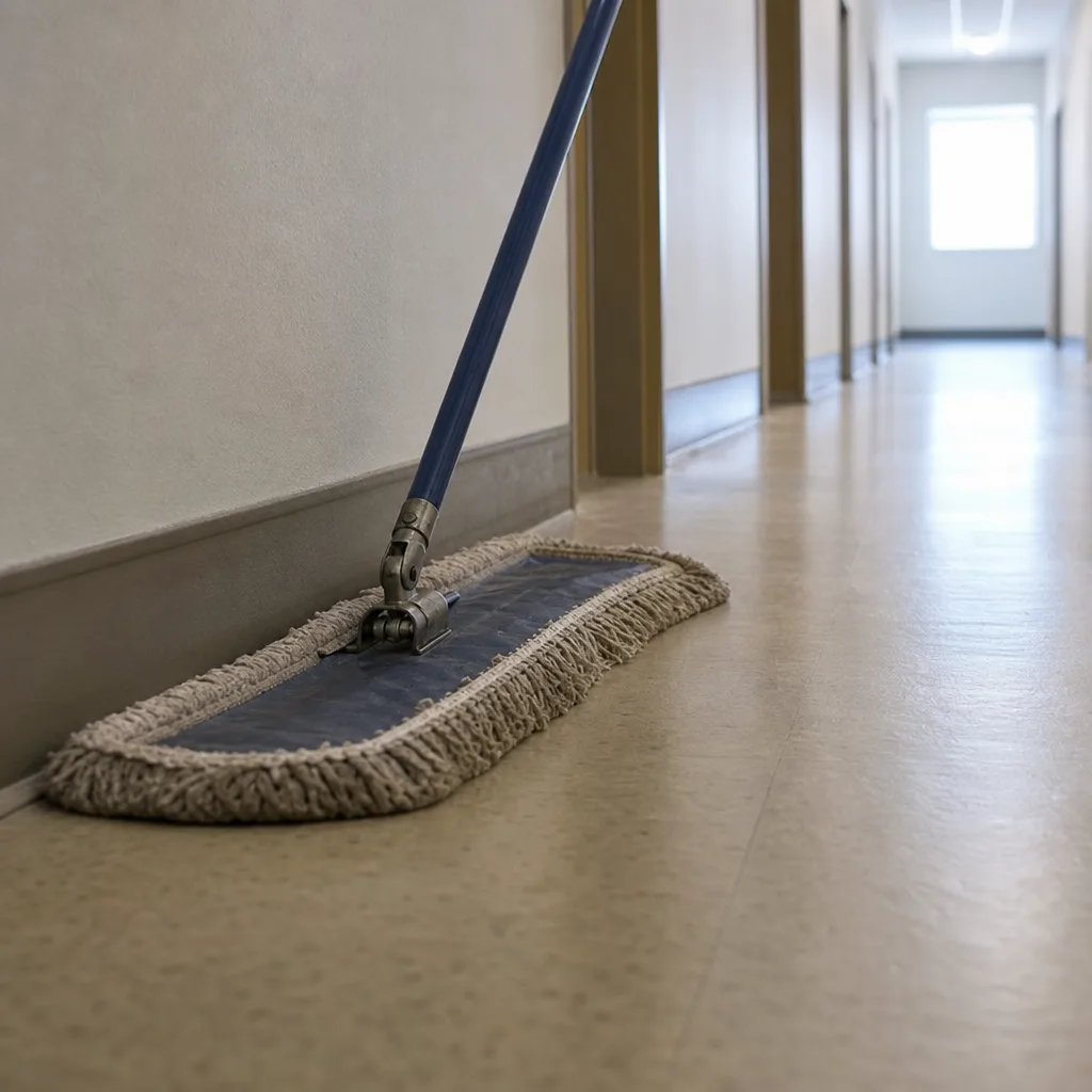 Dust mop running along the baseboard of a long commercial hallway