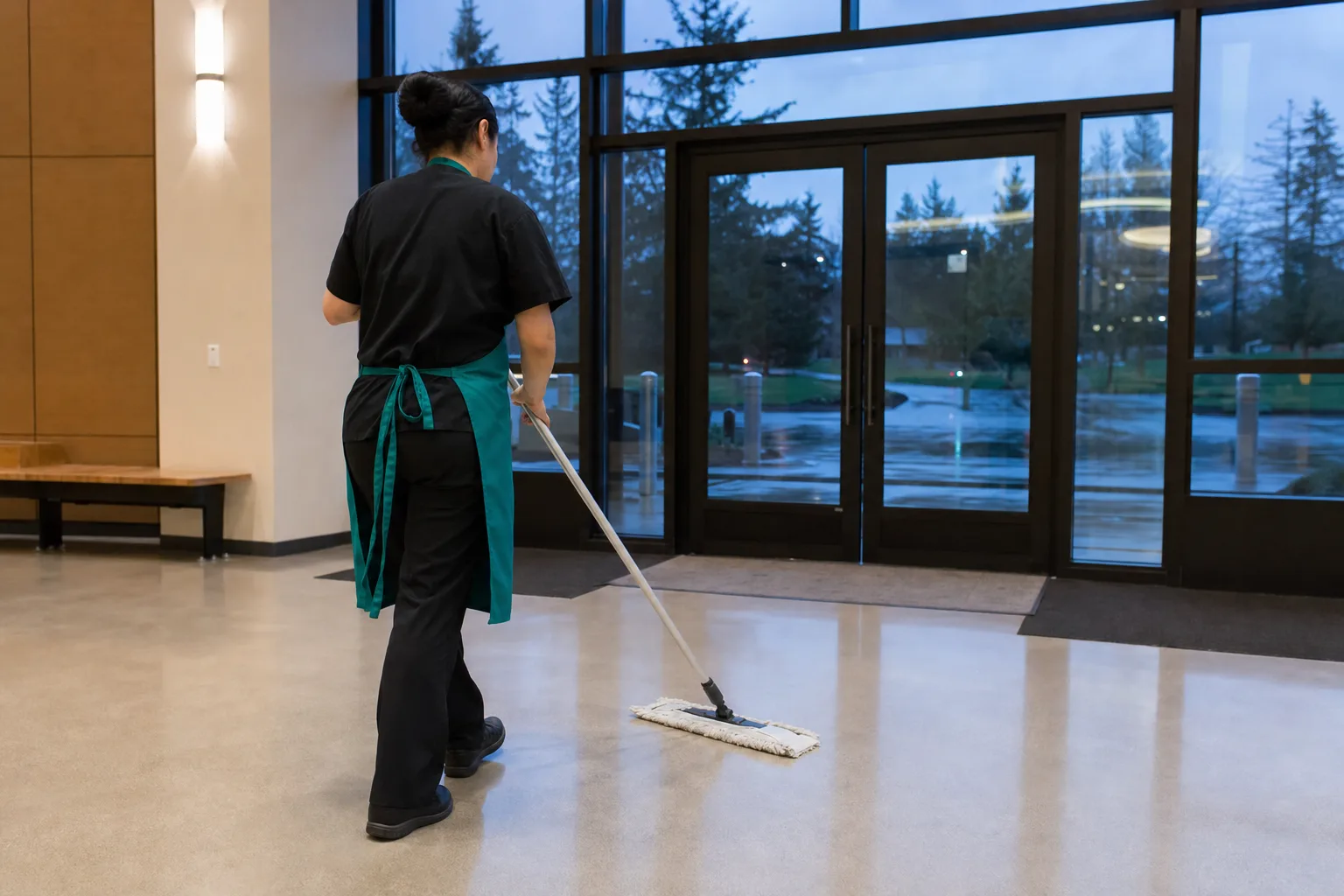 Cleaner mopping the lobby floor of a Gresham commercial building at dusk