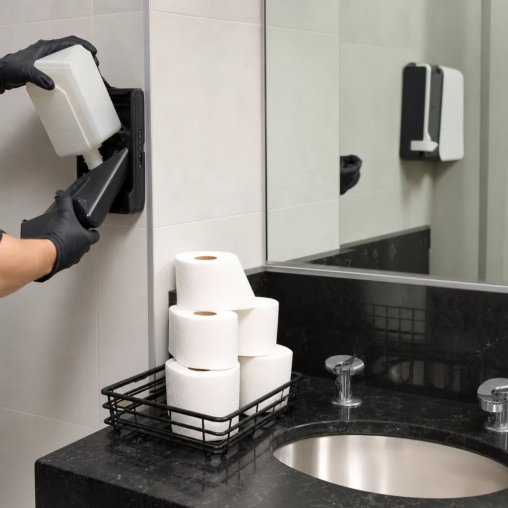 Gloved hands restocking a soap dispenser in a commercial restroom