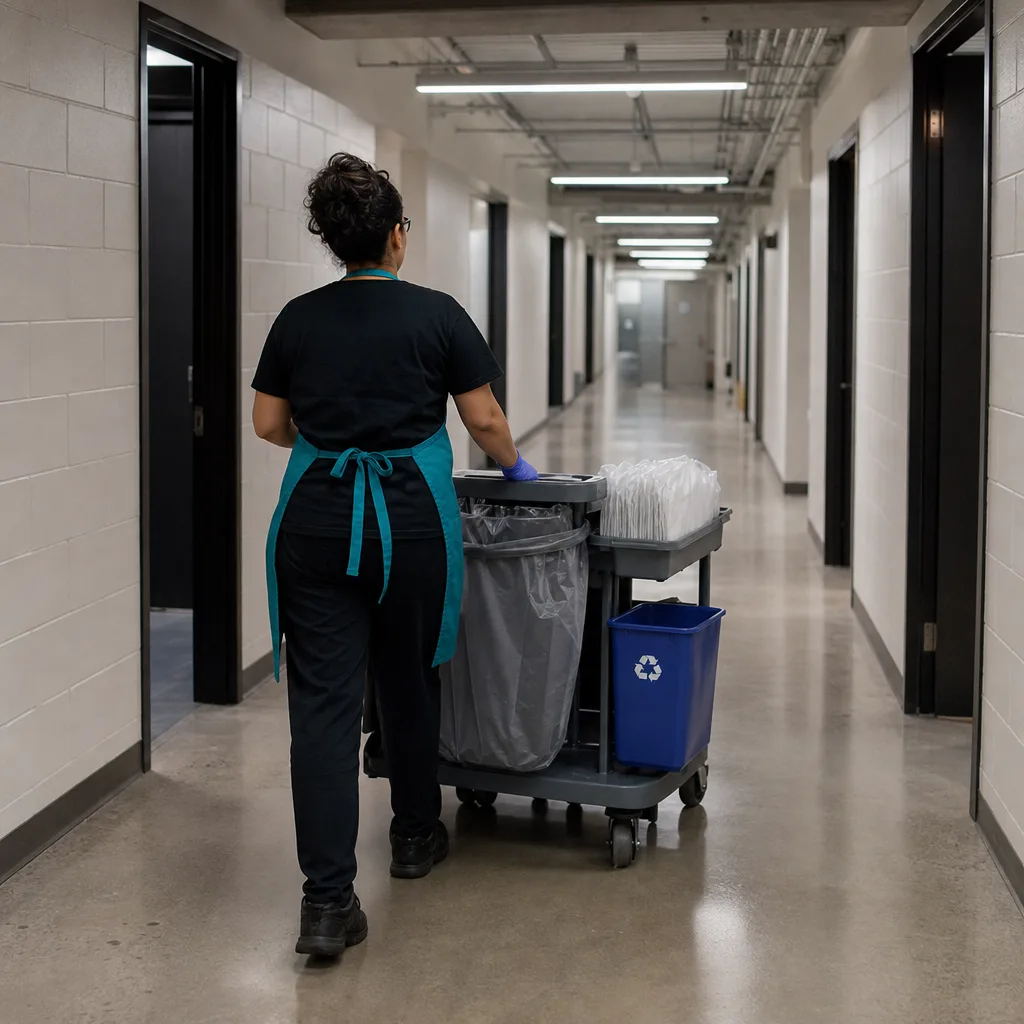 Cleaner wheeling a trash and recycling cart down a facility corridor