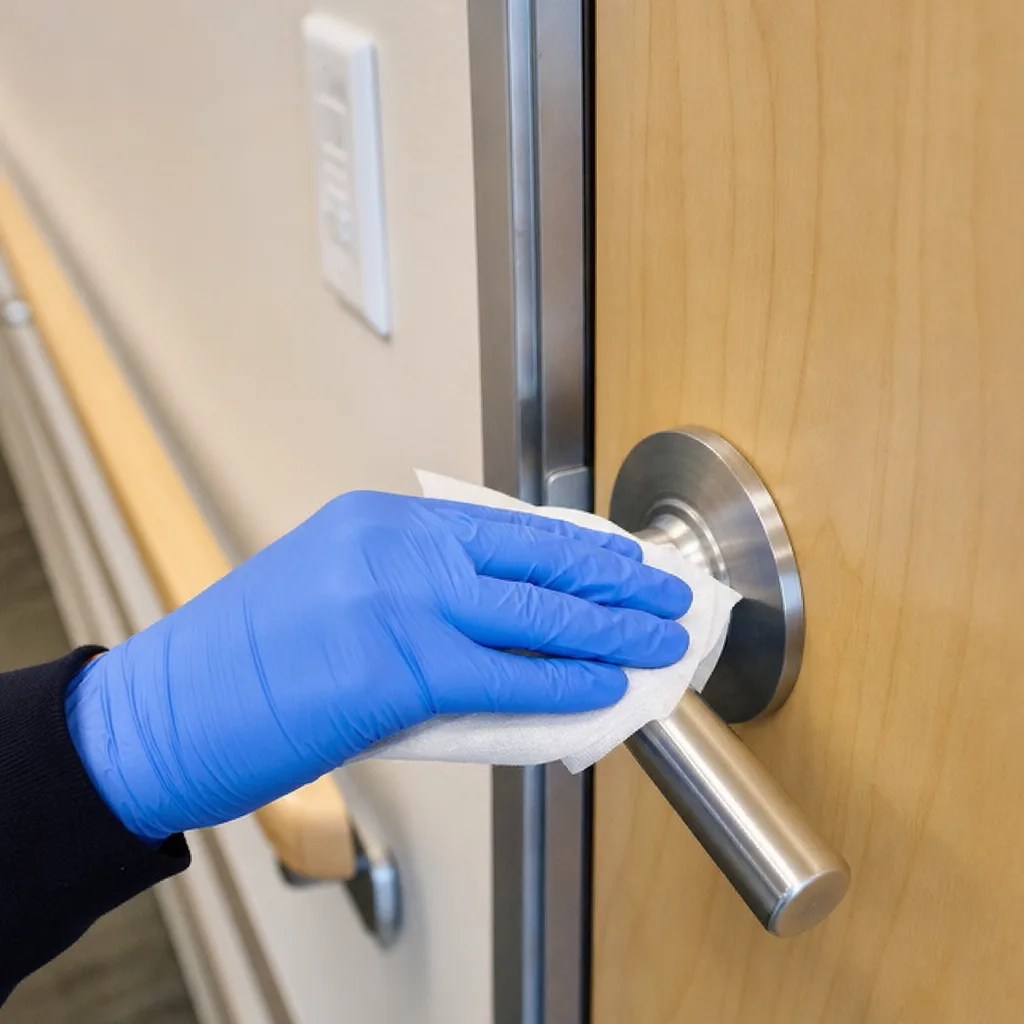 Gloved hand sanitizing a metal door handle in an office hallway
