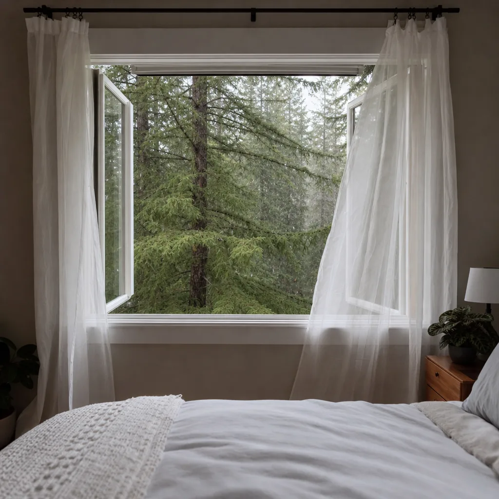 Bedroom window opened wide to air out a room after sanitizing treatment