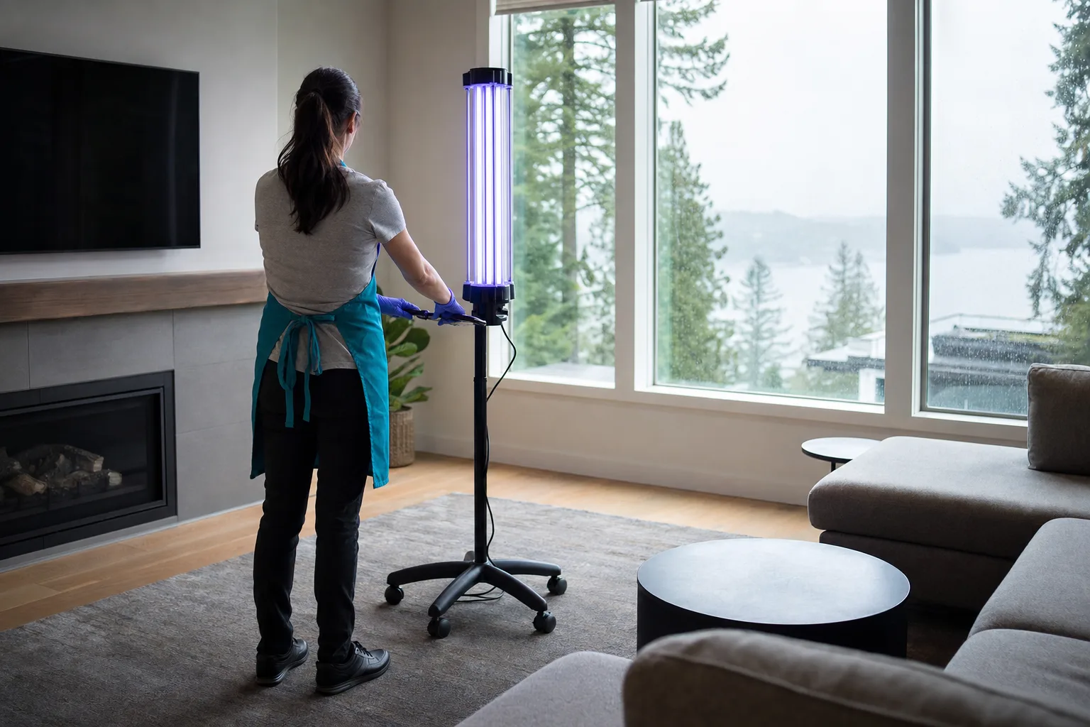 Cleaner in a teal apron setting up a UV sanitizing unit in an empty Gresham living room