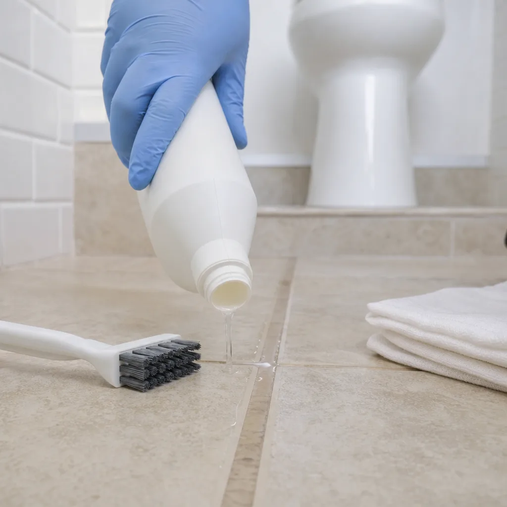 Cleaning solution applied along a bathroom grout line with a scrub brush staged nearby