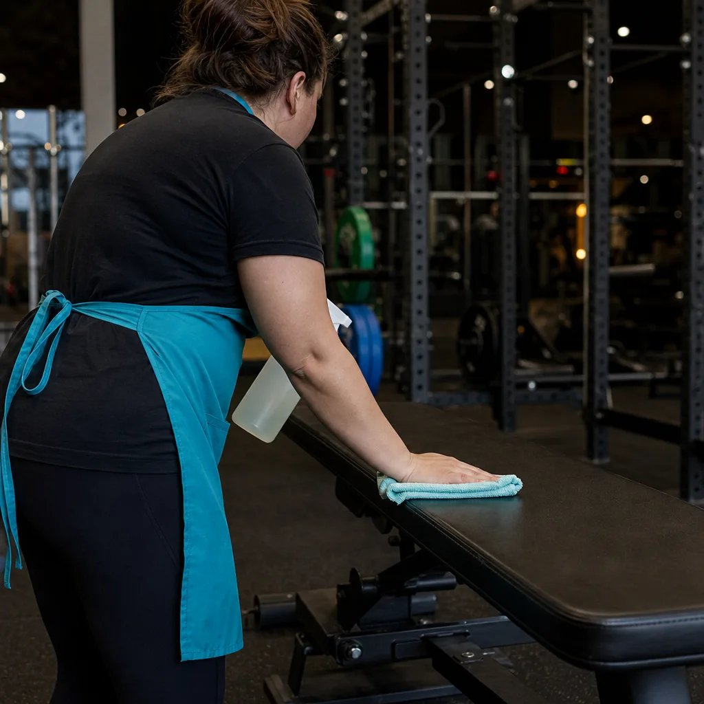 Weight bench pad being sprayed and wiped in a gym at night