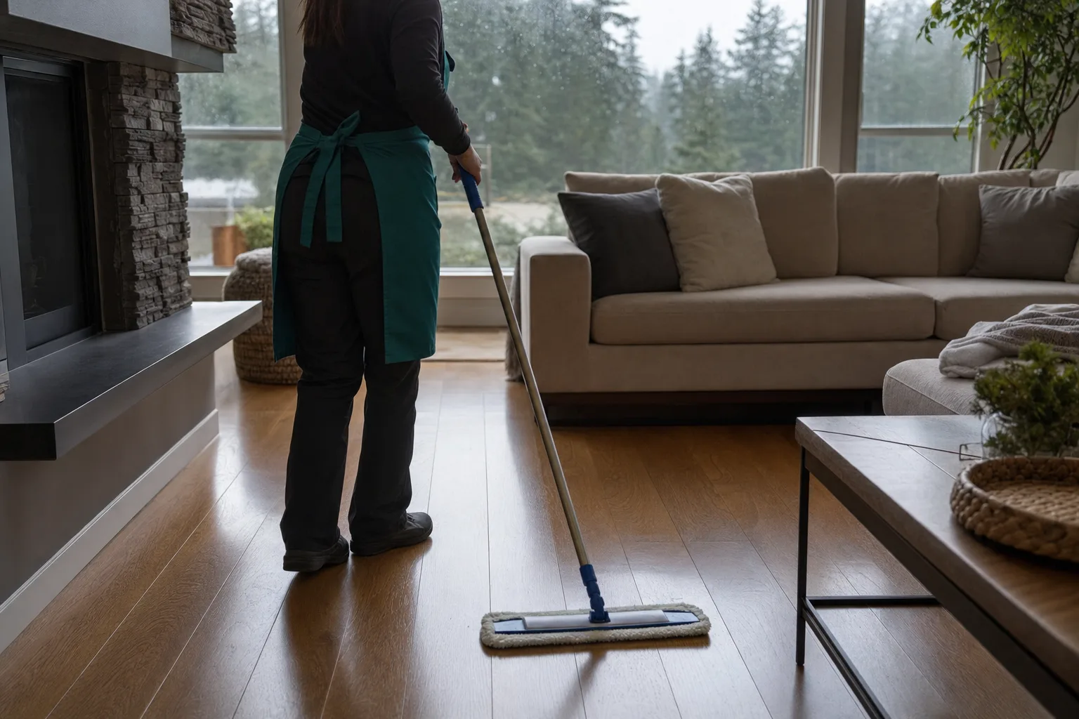 Cleaner in a teal apron mopping oak hardwood floors in a Gresham living room