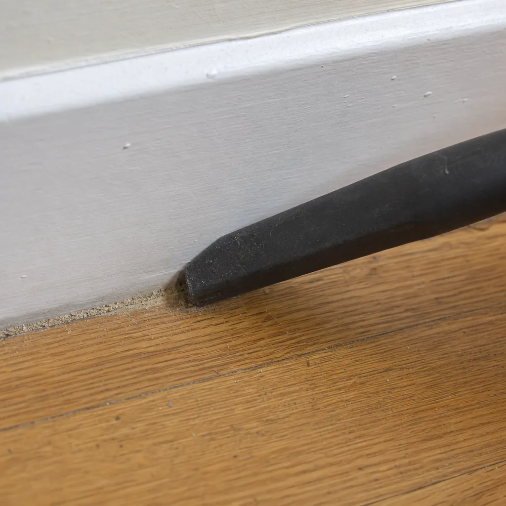 Vacuum crevice tool removing grit where hardwood meets a baseboard