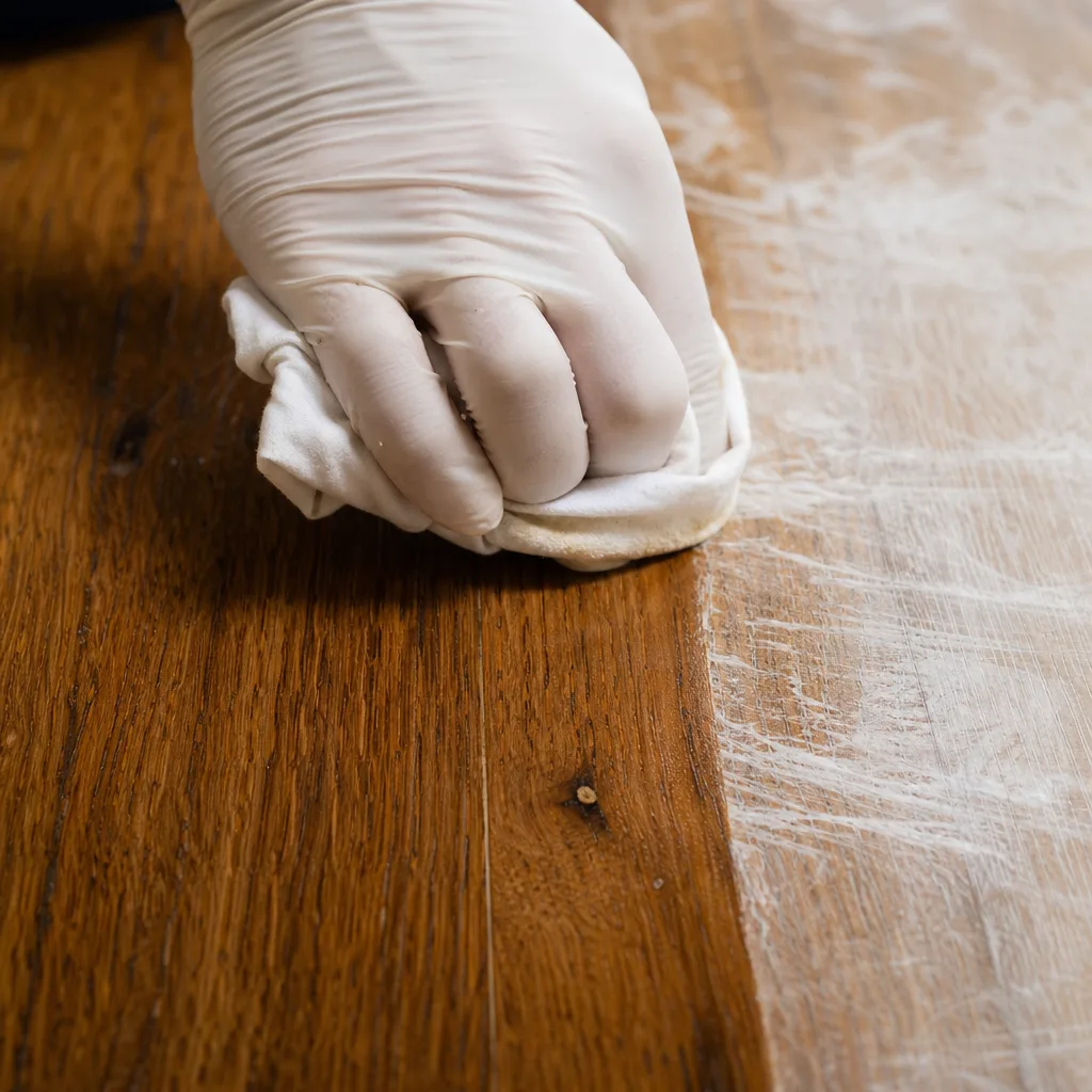 Gloved hand buffing a cleaned oak floorboard next to a hazy uncleaned section