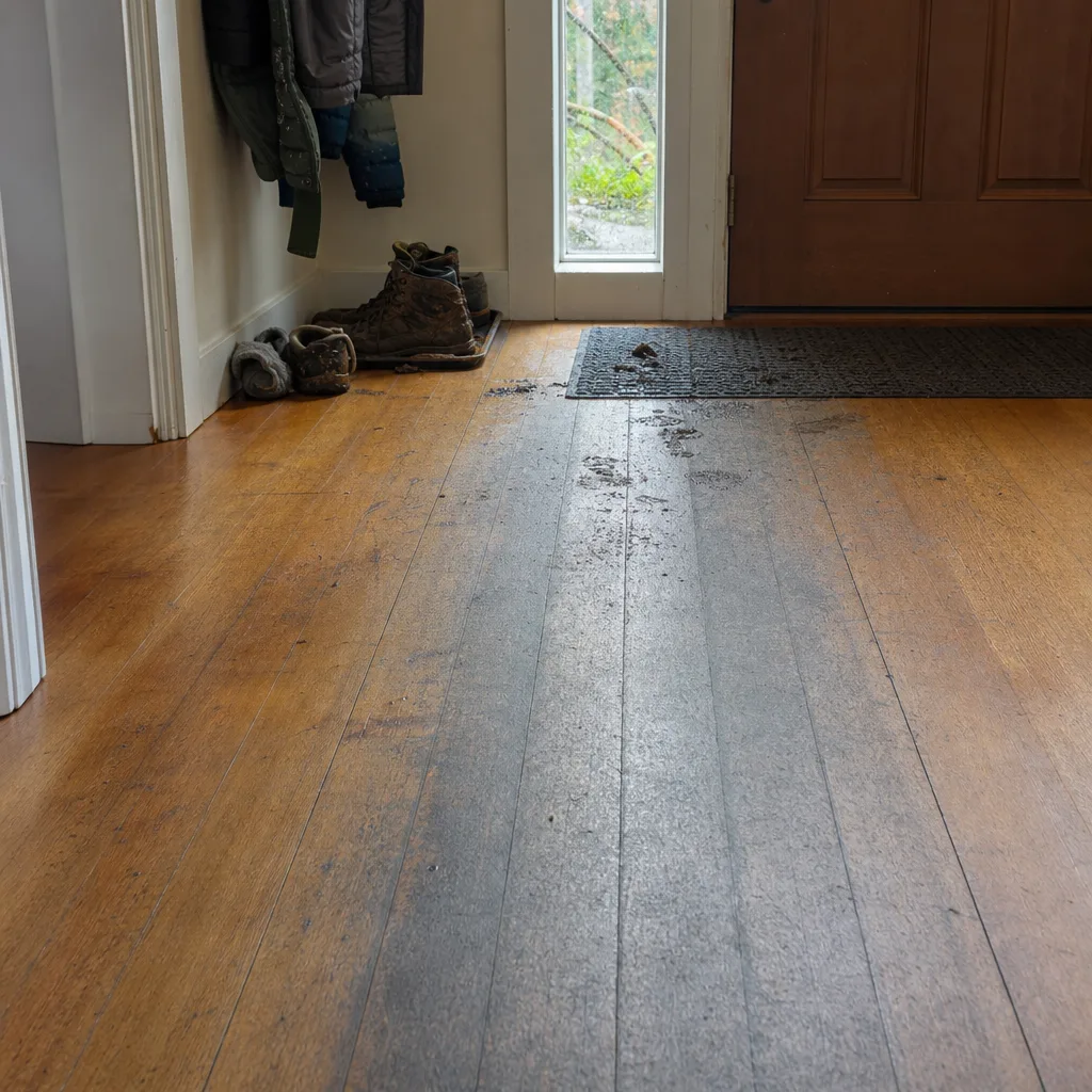 Dull gray traffic lane and boot prints on hardwood near a home entry