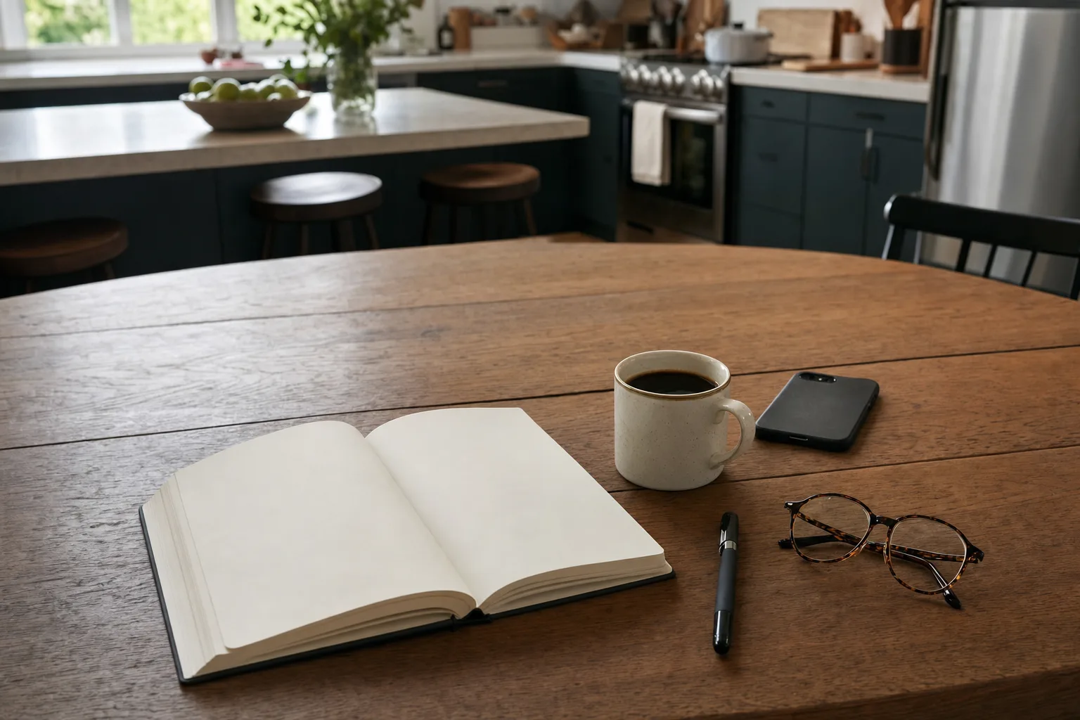 Notebook, coffee, and phone on a Gresham kitchen table while planning a house cleaning budget
