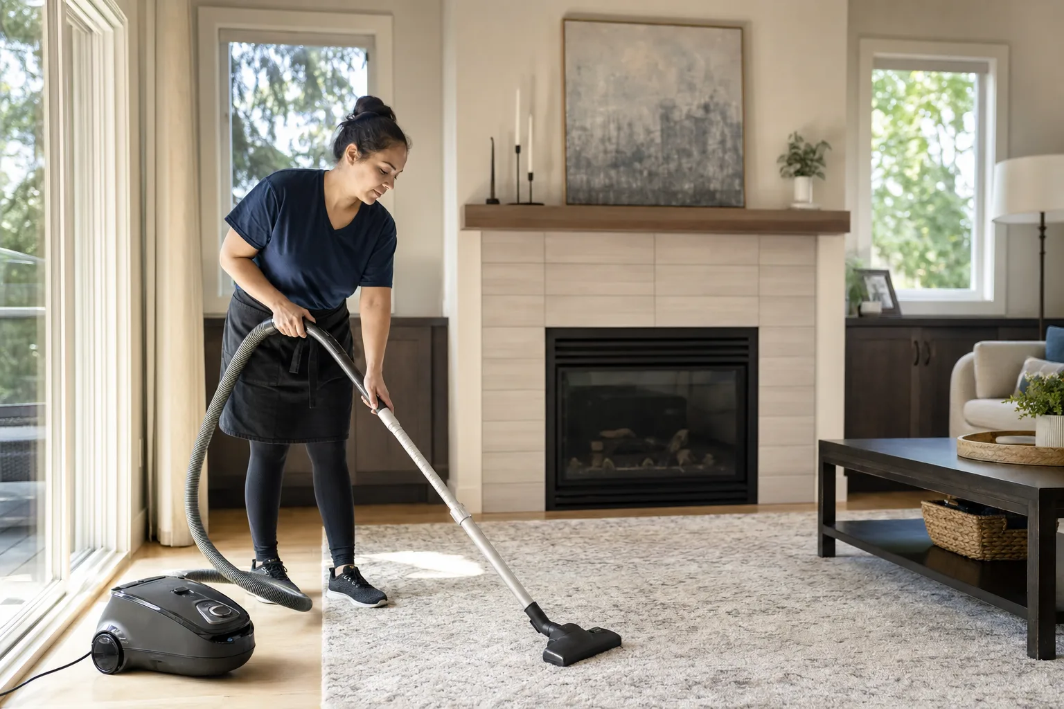 Cleaner vacuuming a living room during a timed house cleaning visit