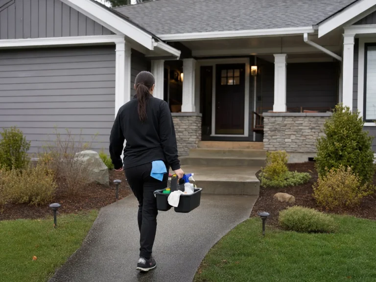 Insured professional cleaner arriving at an Oregon home with supplies