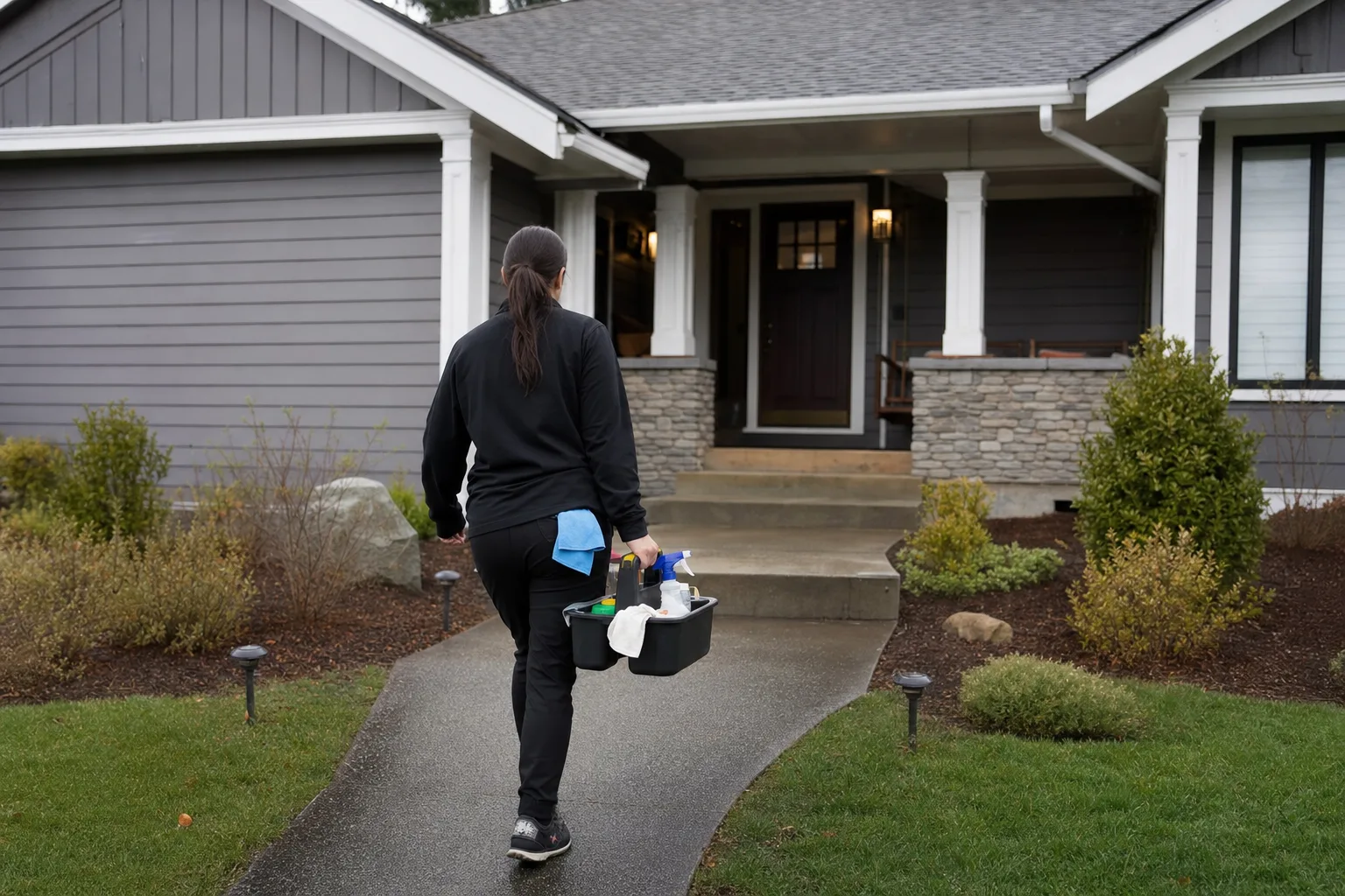 Insured professional cleaner arriving at an Oregon home with supplies