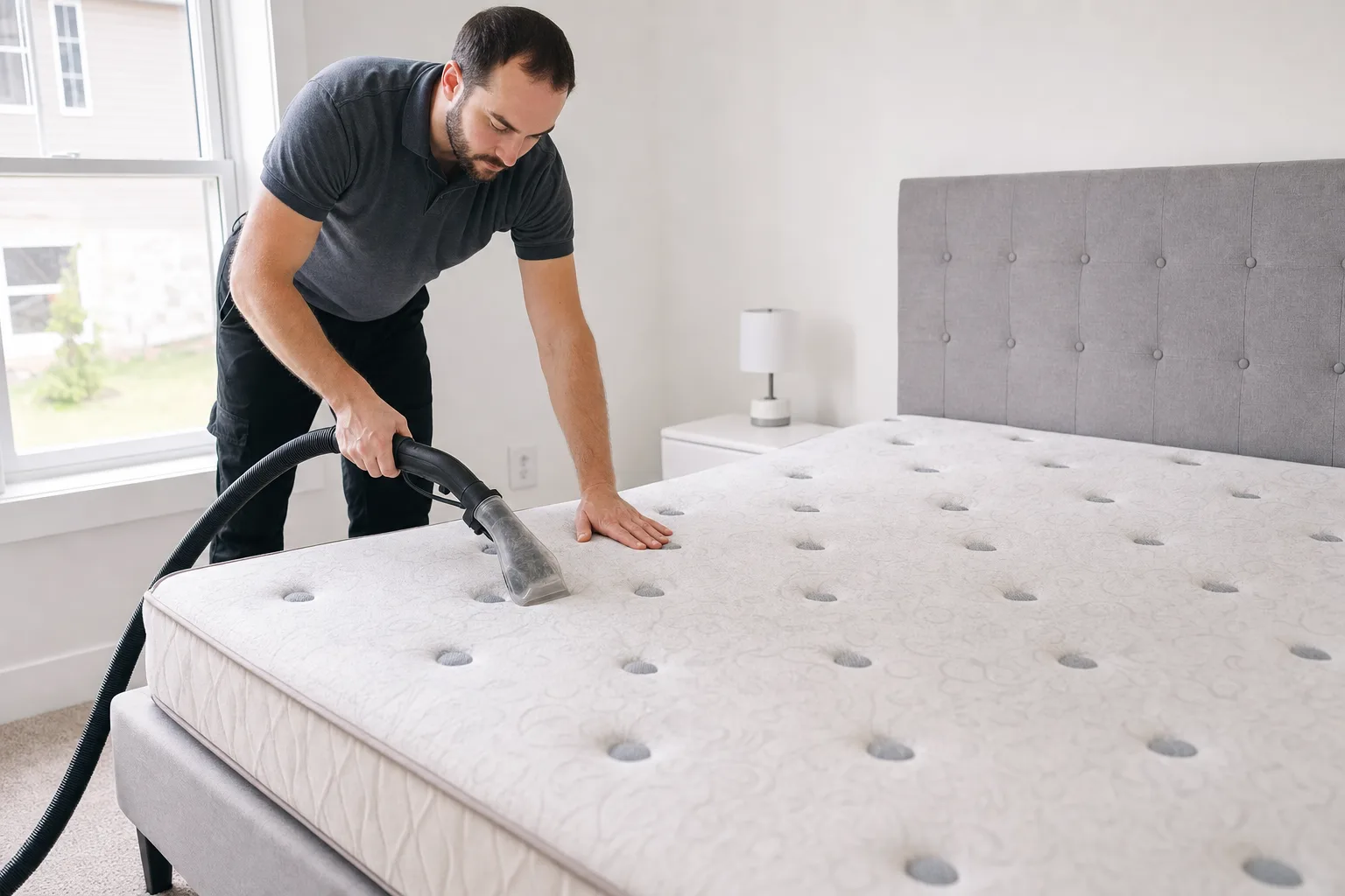 Vacuuming a stripped mattress to reduce dust mites and allergens