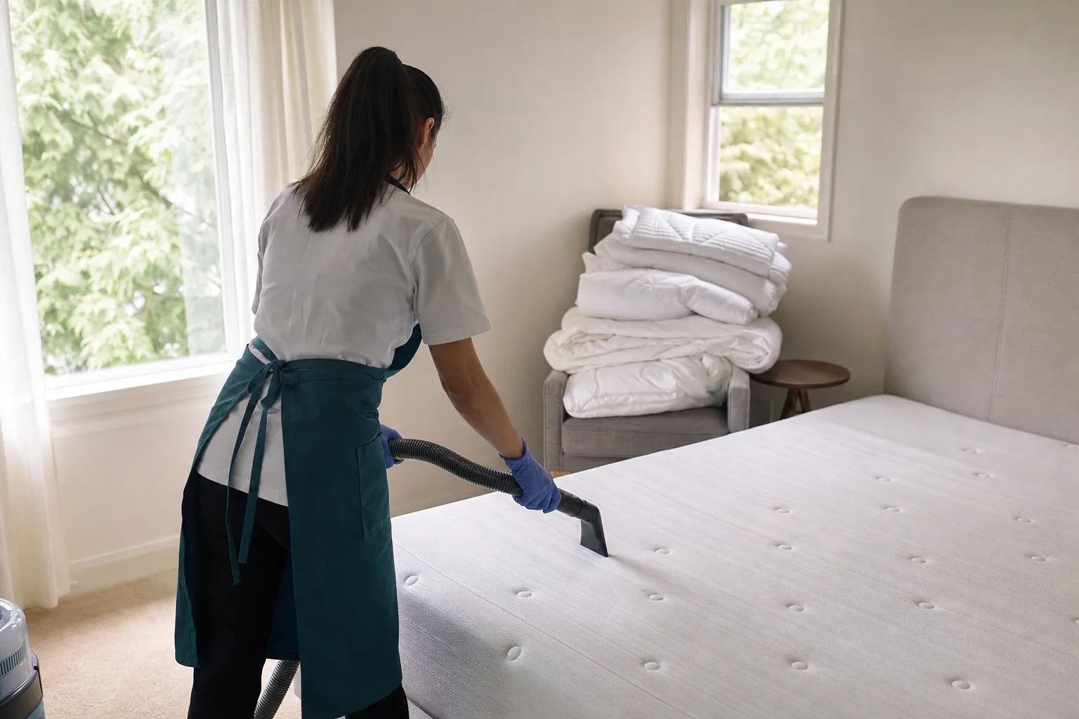 Cleaner vacuuming a stripped mattress with a handheld attachment in a Gresham bedroom