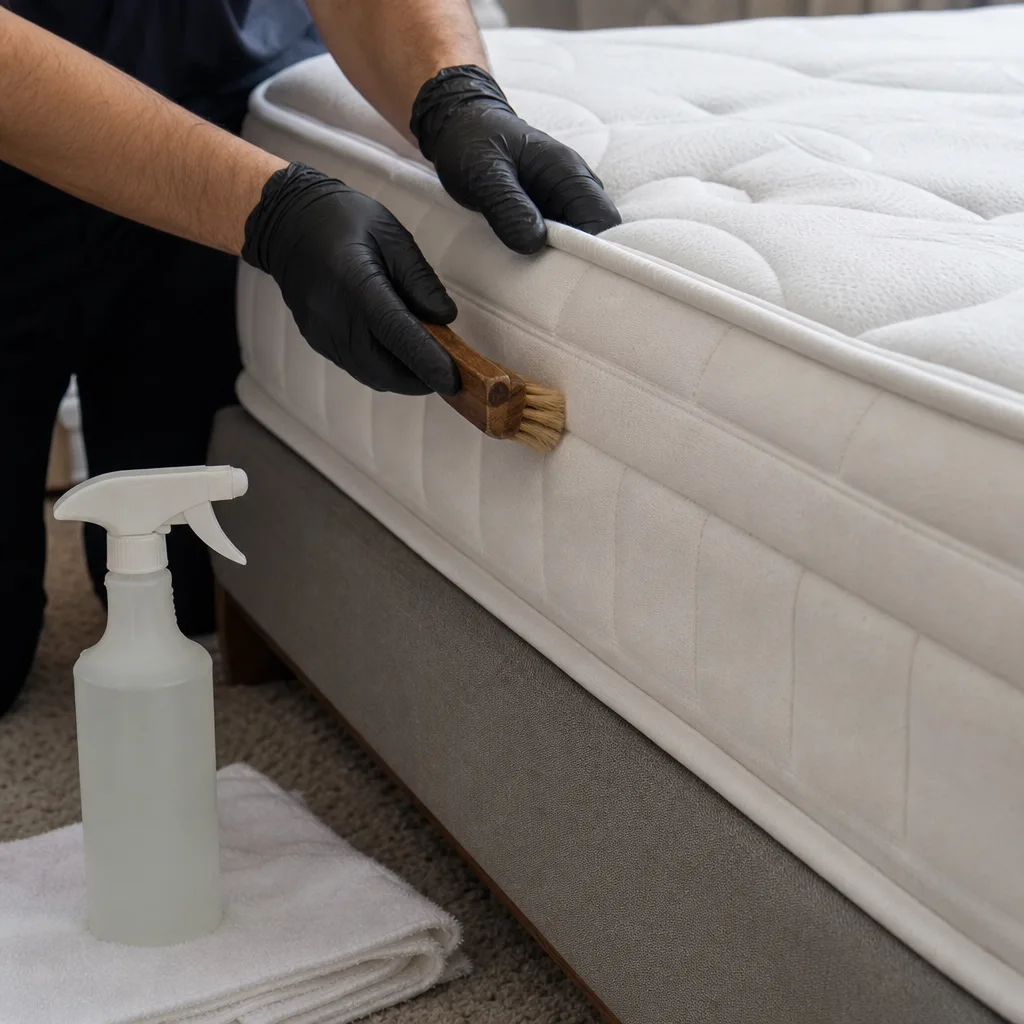 Gloved hands brushing cleaning solution along a mattress seam during treatment