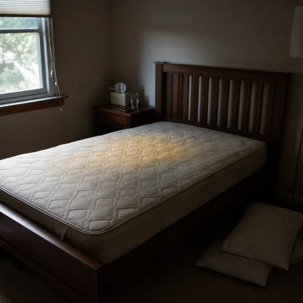 Bare mattress showing a faint sleep-worn patch, with tissues on the nightstand nearby