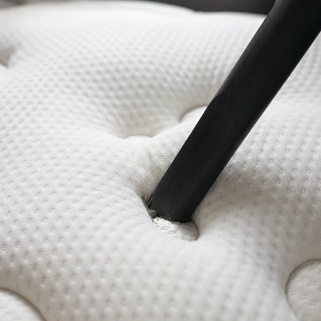 Crevice nozzle cleaning the tufted dimples of a quilted mattress surface