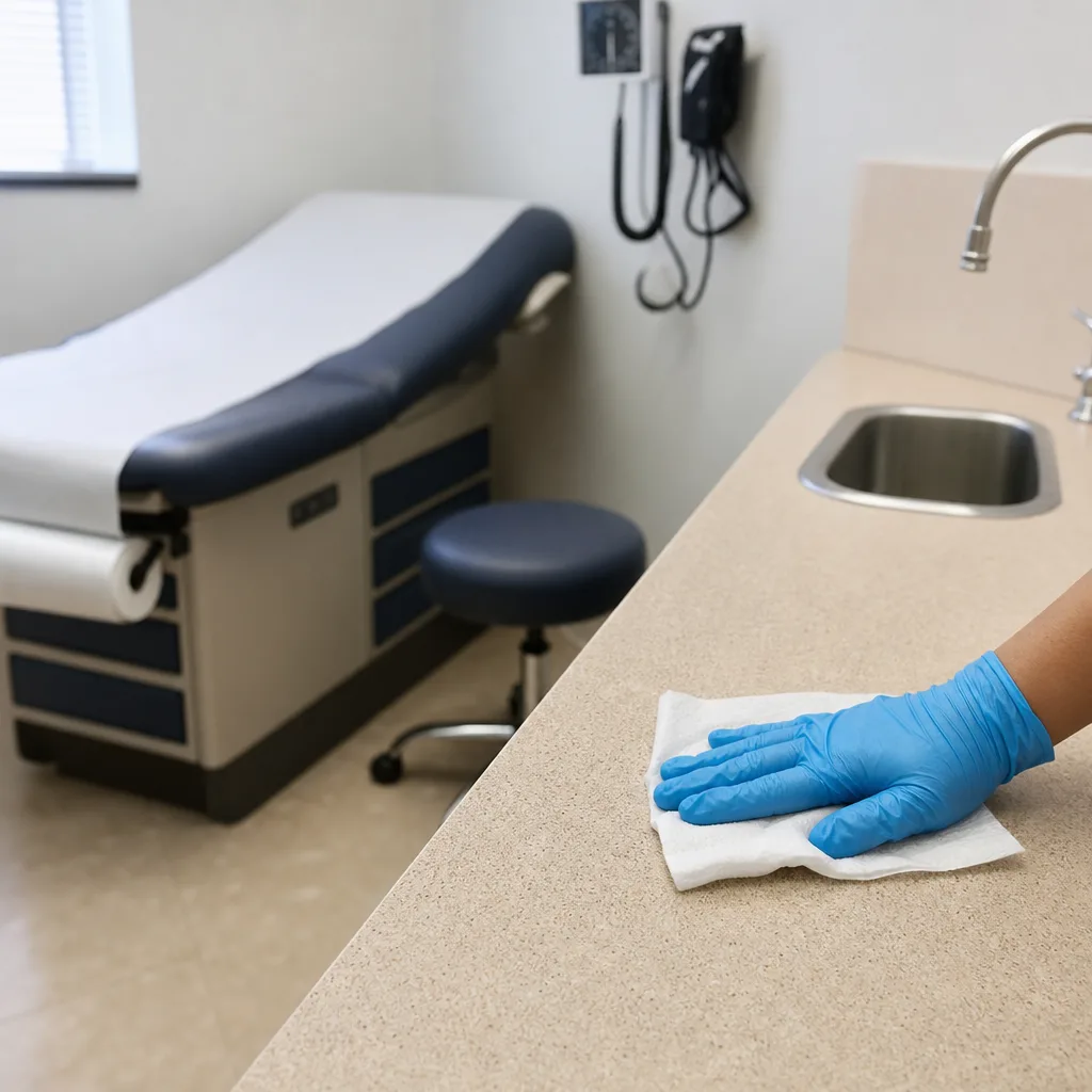 Gloved hand wiping the counter of a clinic exam room beside the exam table
