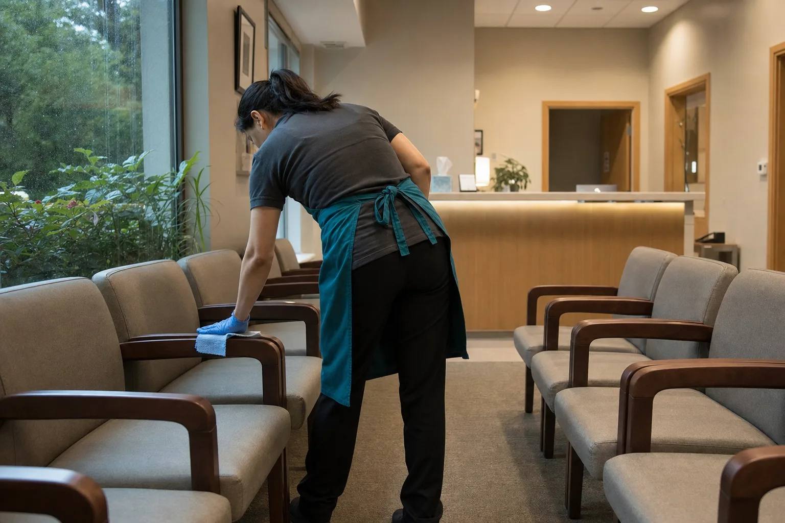 Cleaner wiping waiting room chairs in an empty Gresham clinic after patient hours