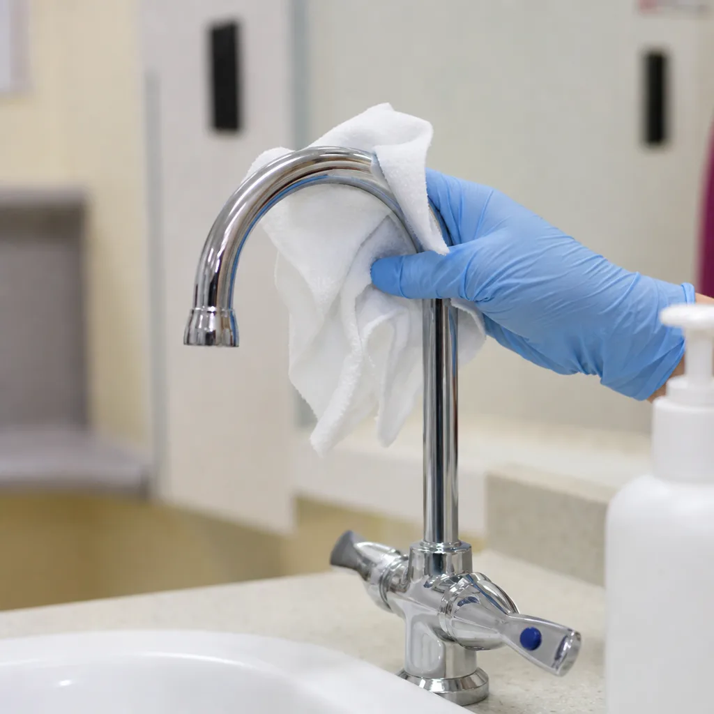 Gloved hand polishing an exam room sink faucet during a clinic cleaning