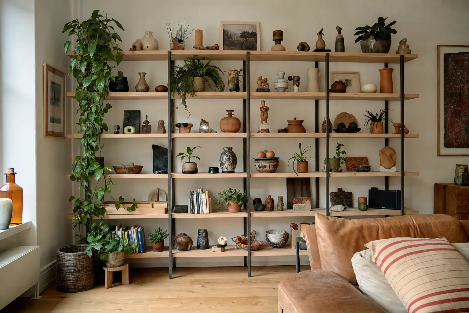 Collector style shelves full of objects that add dusting time to a house cleaning