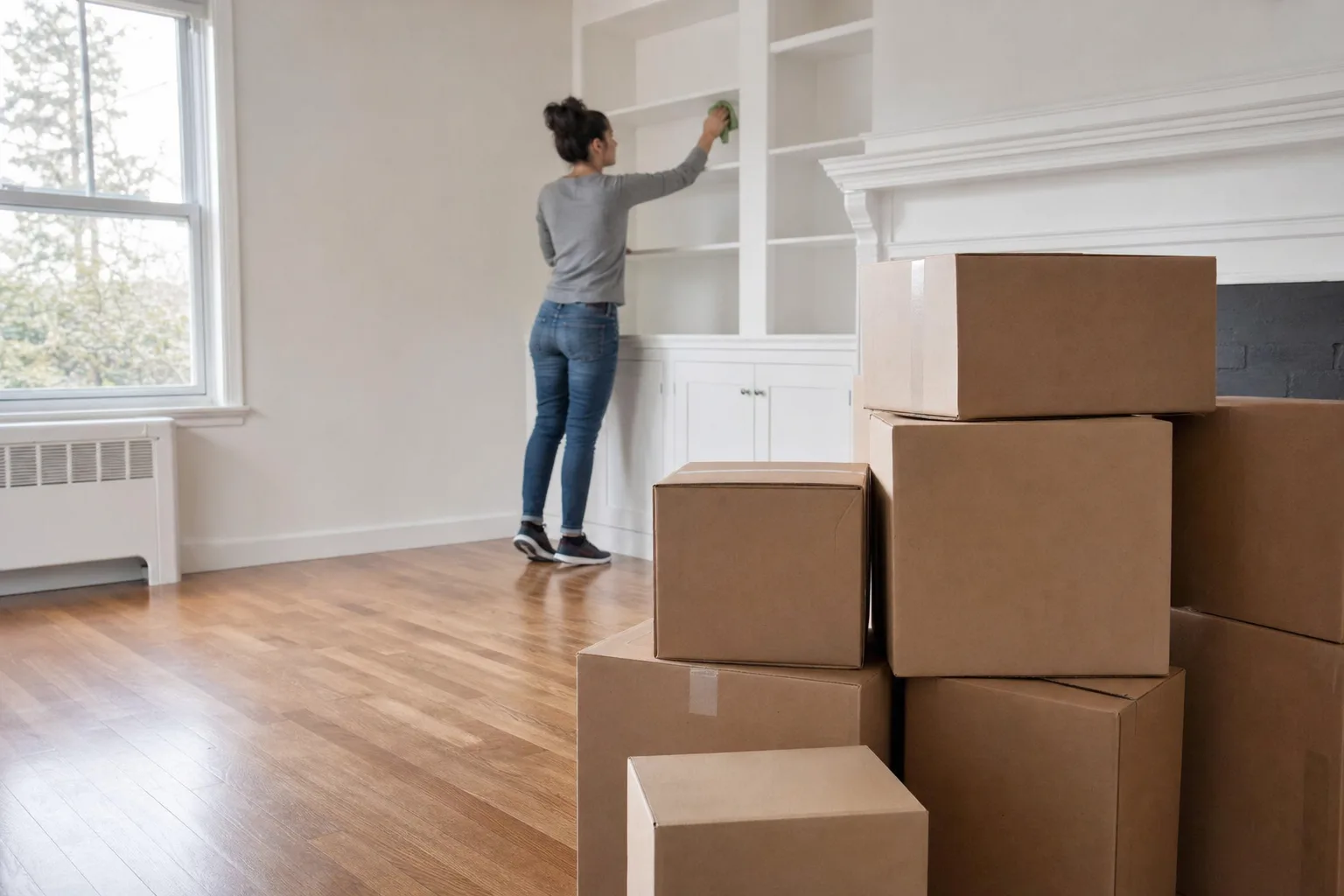 Cleaner wiping shelves before a family unpacks moving boxes in their new home