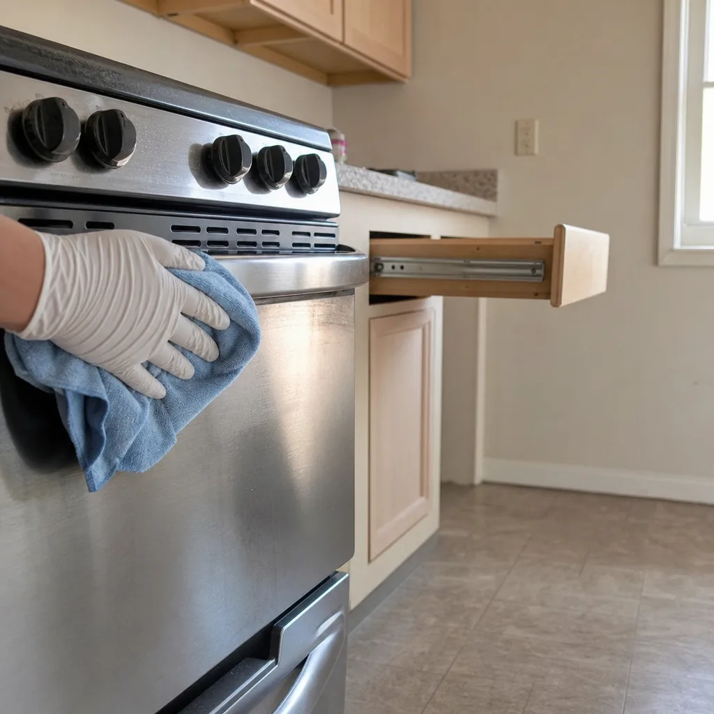 Gloved hand polishing a stainless range front in an empty rental kitchen