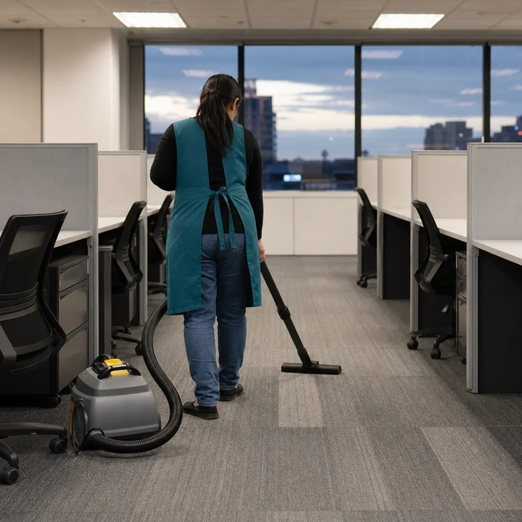 Cleaner vacuuming carpet tiles between office cubicles in the evening