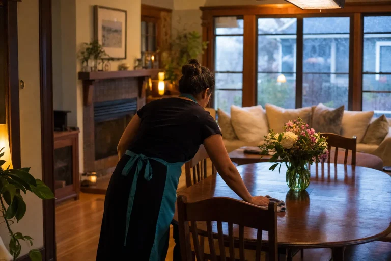 Cleaner polishing a dining table before guests arrive at a Gresham home