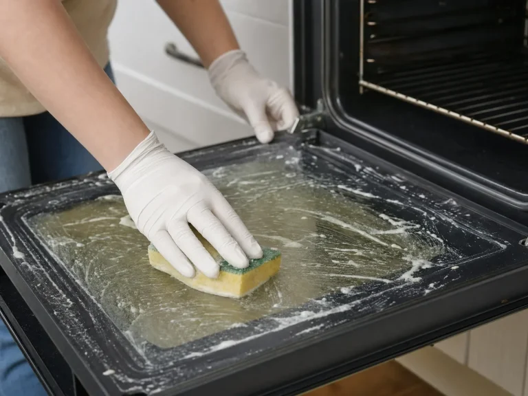 Scrubbing baked-on grime from an oven door before calling professional cleaners