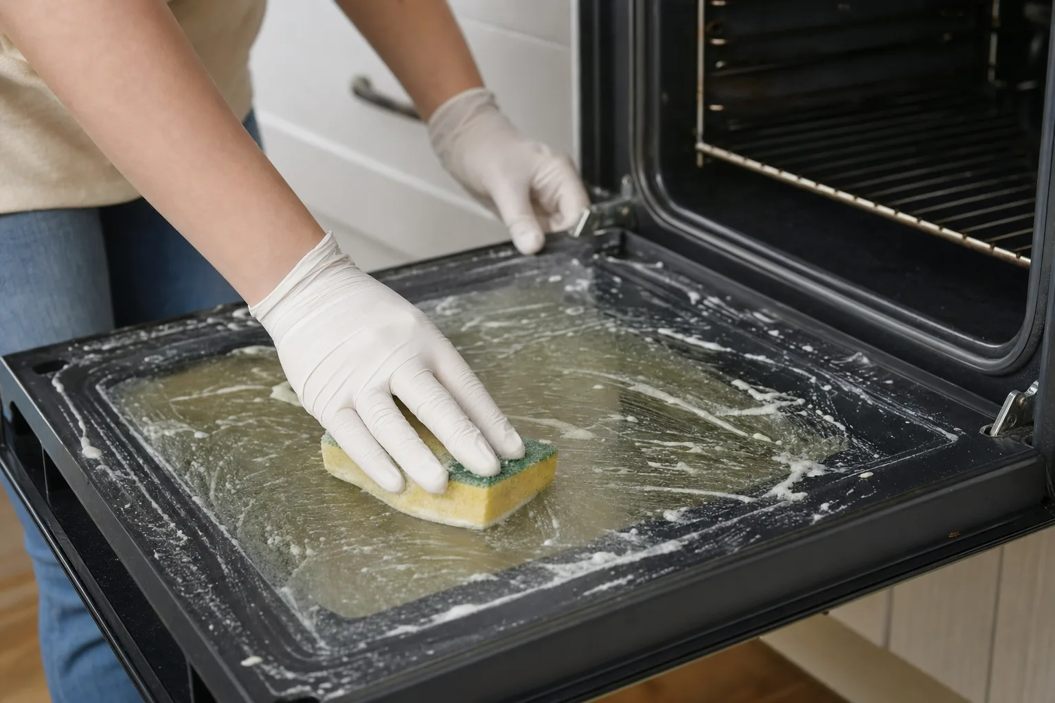 Scrubbing baked-on grime from an oven door before calling professional cleaners