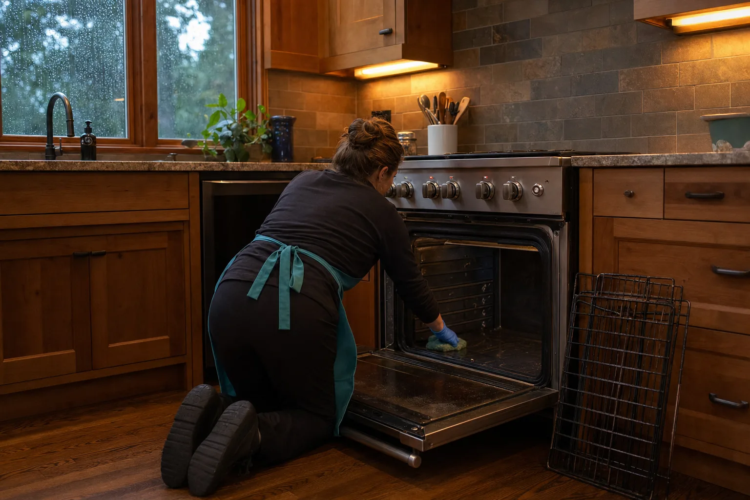 Cleaner in a teal apron scrubbing the inside of an oven in a Gresham kitchen