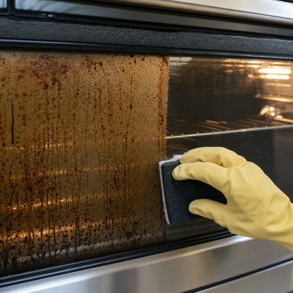 Oven door glass half covered in baked-on grease and half cleaned clear