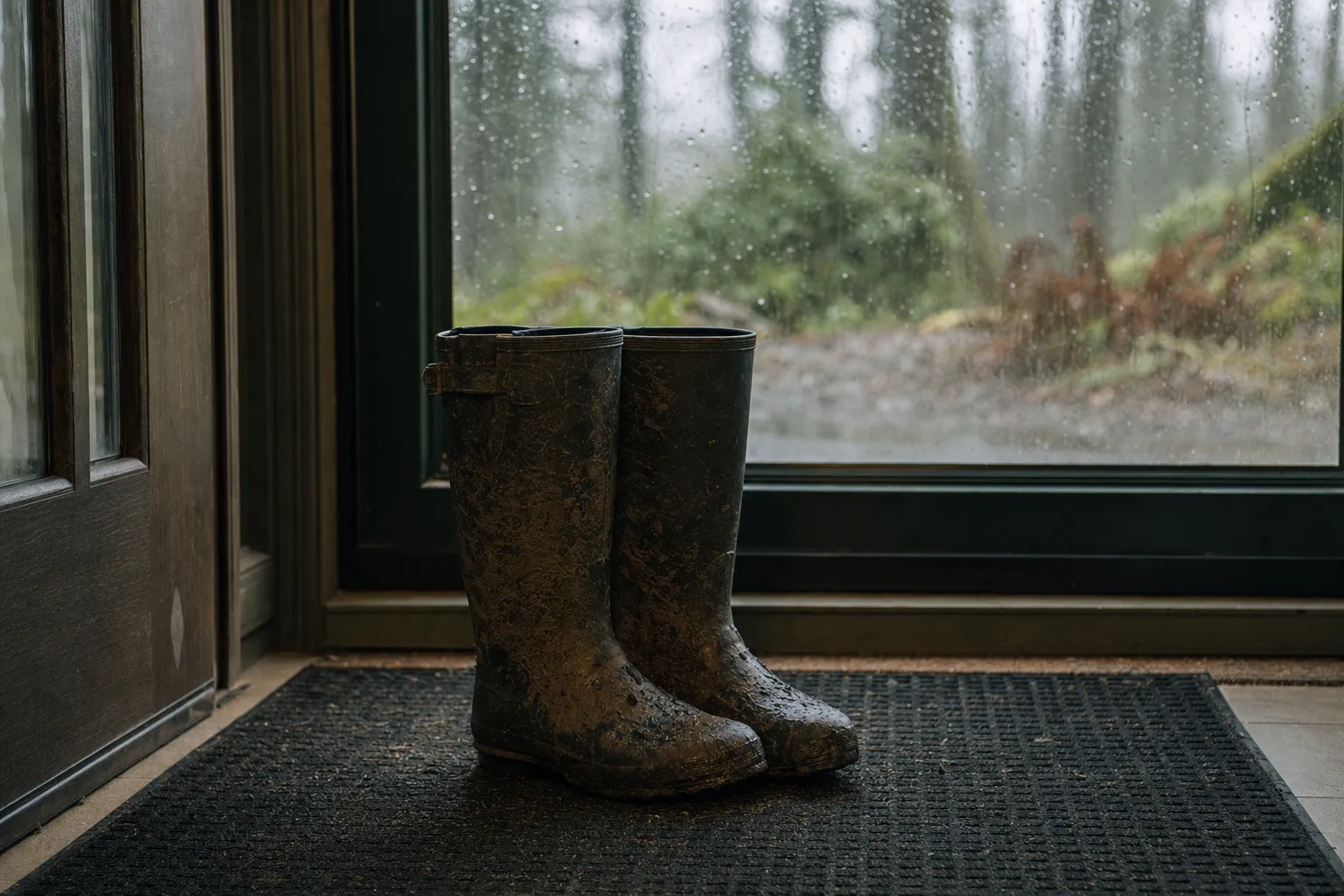 Muddy boots by the door after a Pacific Northwest winter before spring cleaning