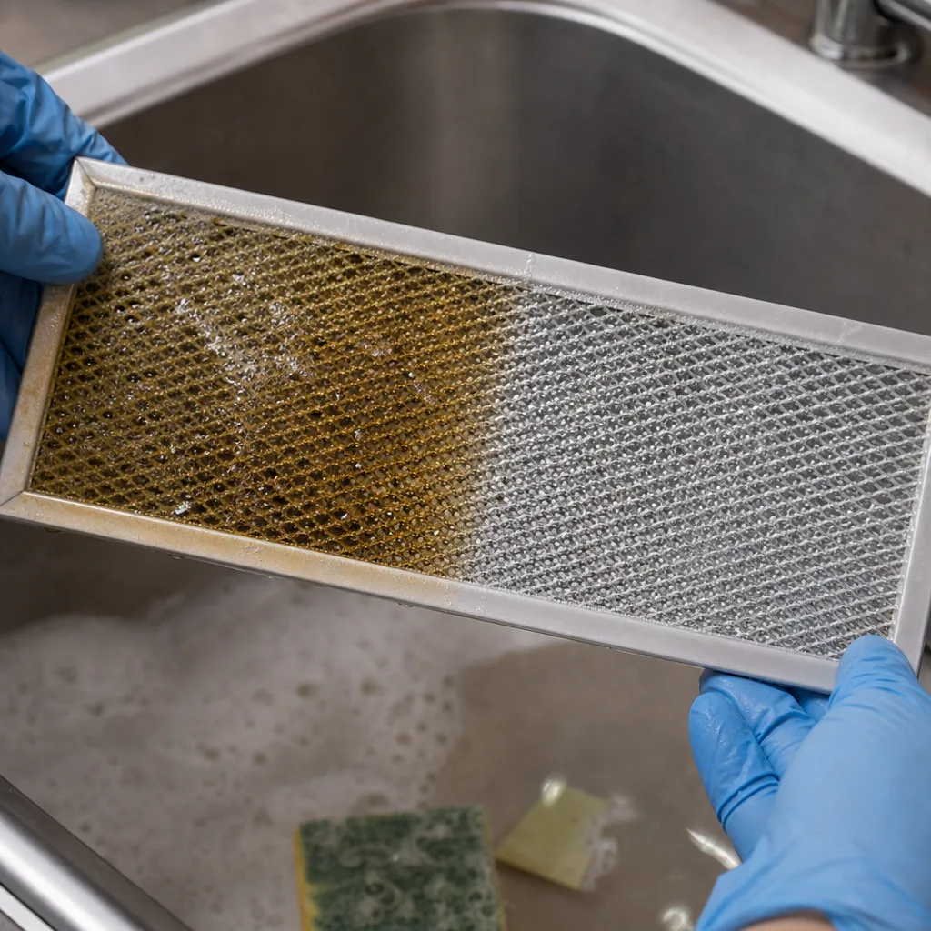 Range hood mesh filter half degreased back to bright aluminum