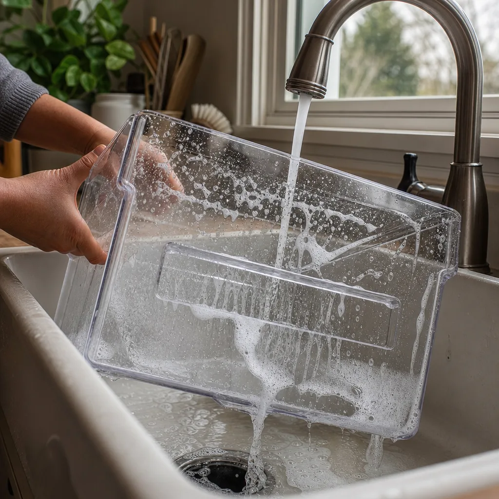 Crisper drawer from a refrigerator being washed under a kitchen faucet