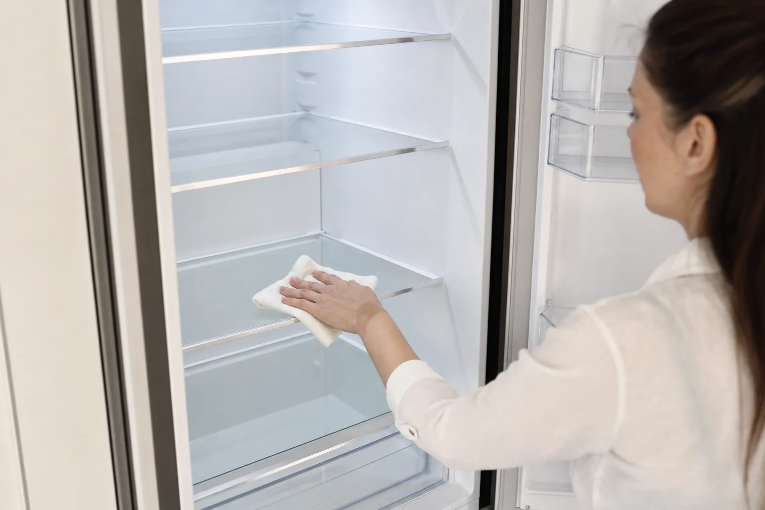Wiping refrigerator shelves during a shelf by shelf deep clean