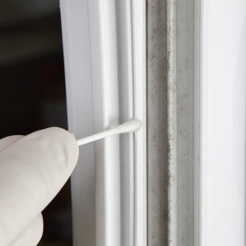 Cotton swab cleaning mildew from the folds of a refrigerator door gasket