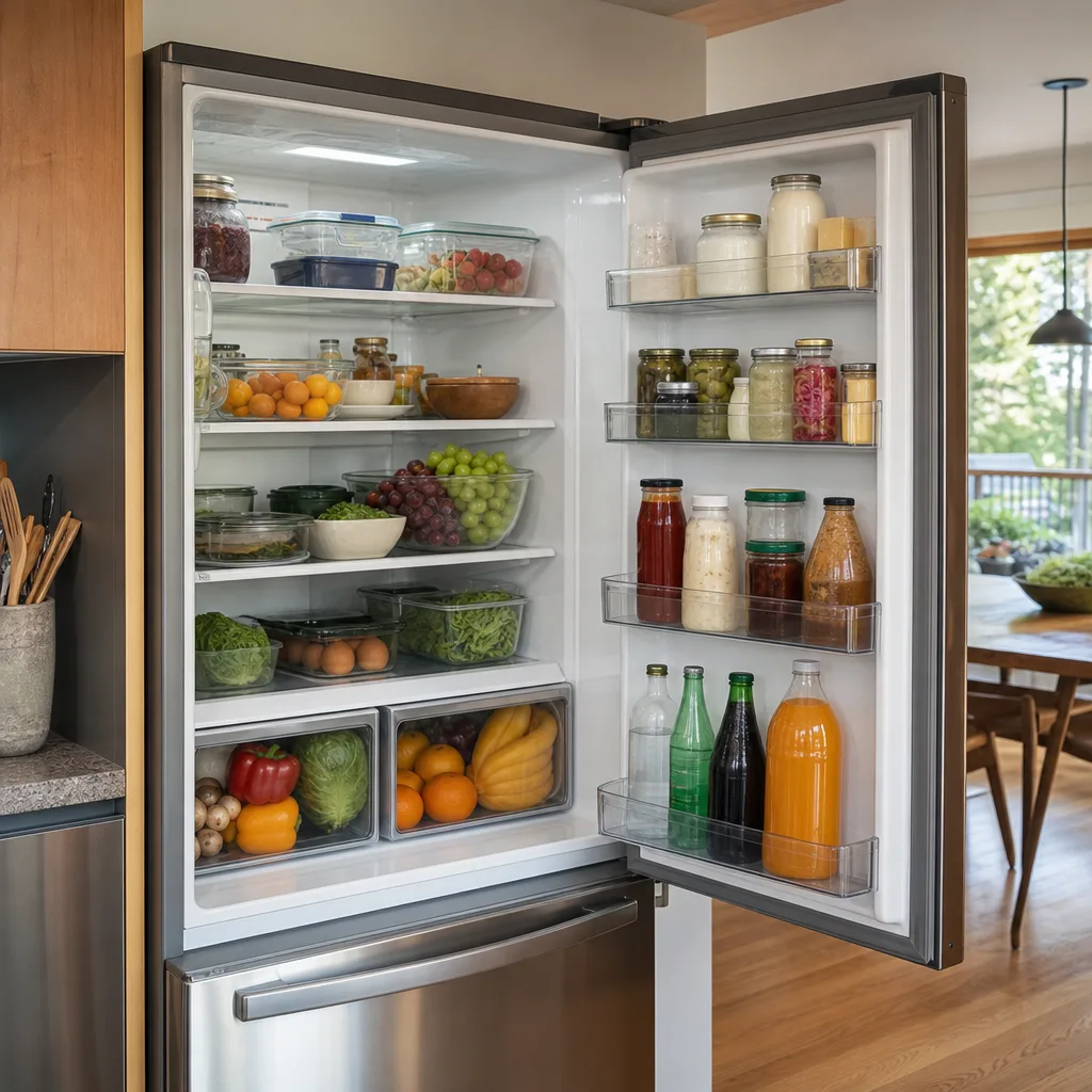 Freshly cleaned refrigerator restocked with neatly organized food