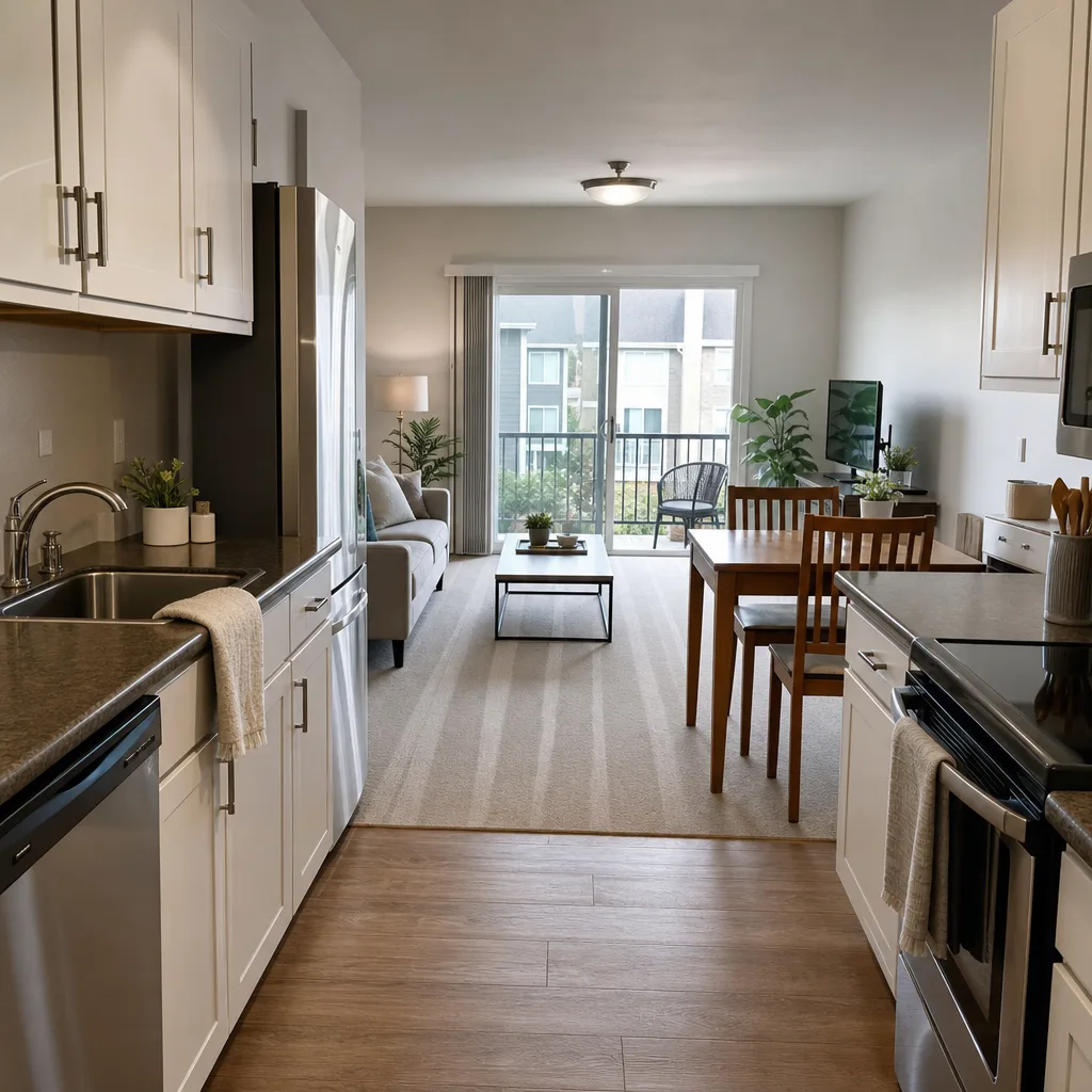 Small apartment interior gleaming after a professional clean