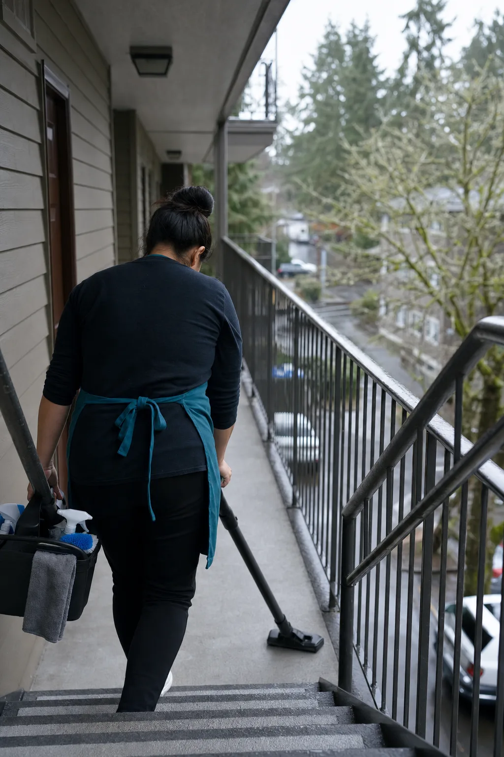 Tidy Sister cleaner heading up apartment stairs with cleaning supplies