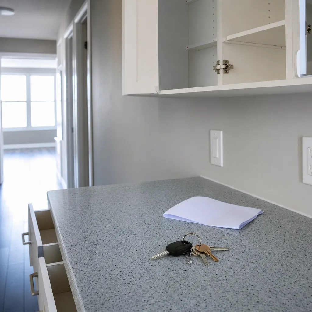 Keys on the counter of a just-cleaned, guest-ready unit