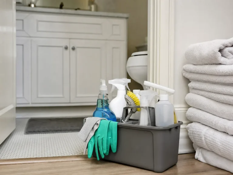 Supply caddy staged for a room by room deep cleaning checklist
