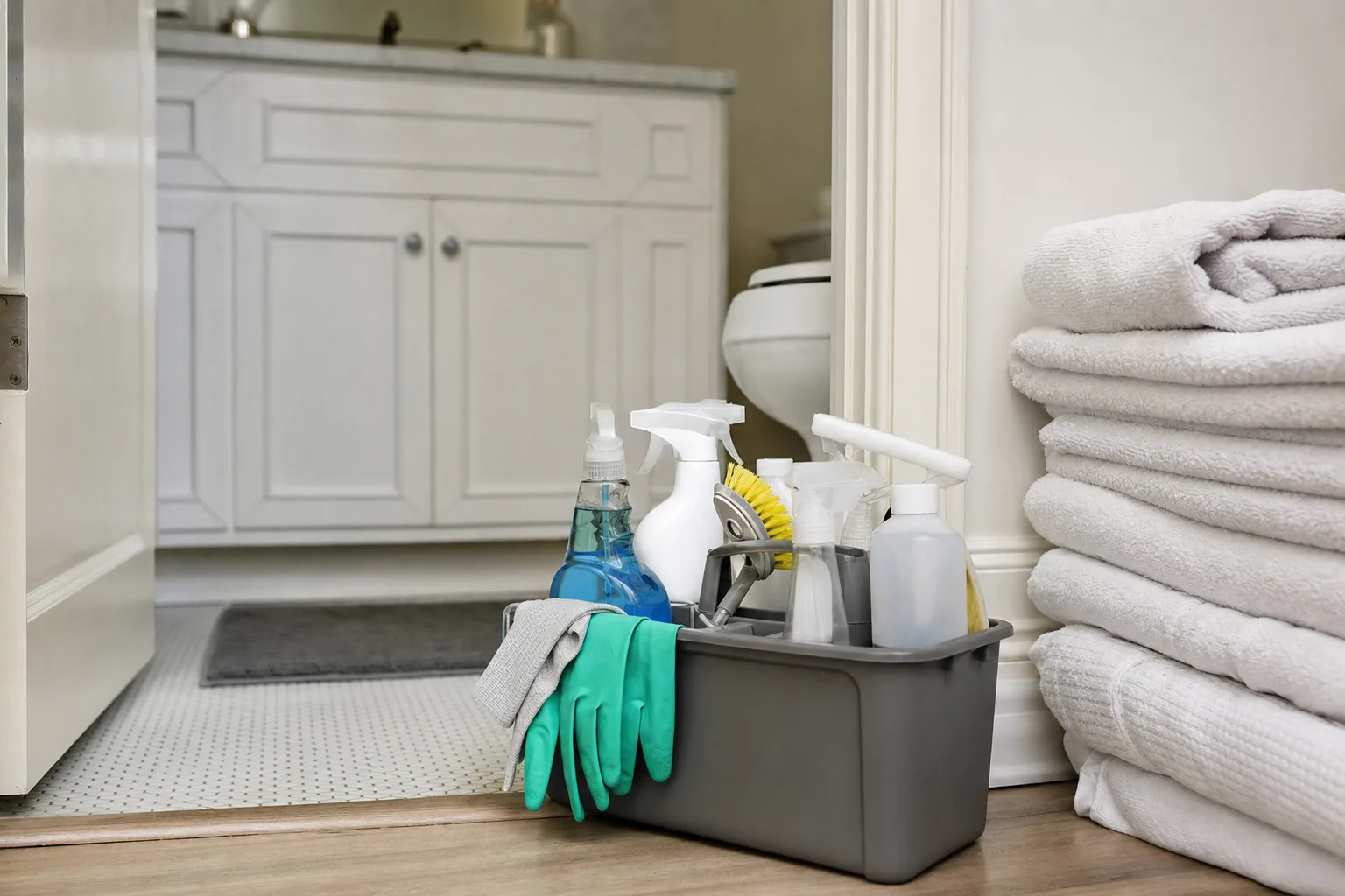 Supply caddy staged for a room by room deep cleaning checklist
